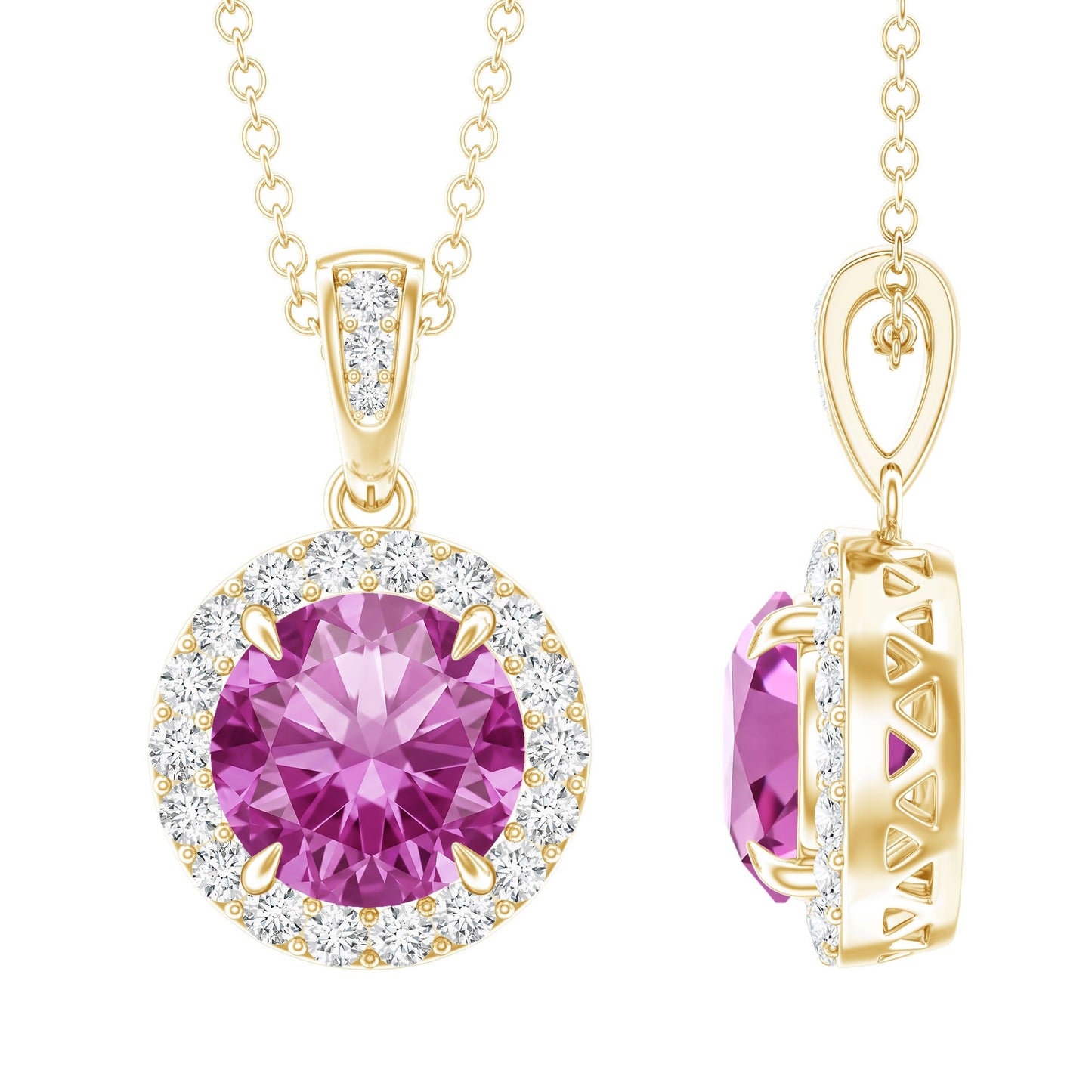 2.2 Carat Round Cut Lab Created Pink Sapphire and Diamond Necklace with Certificate