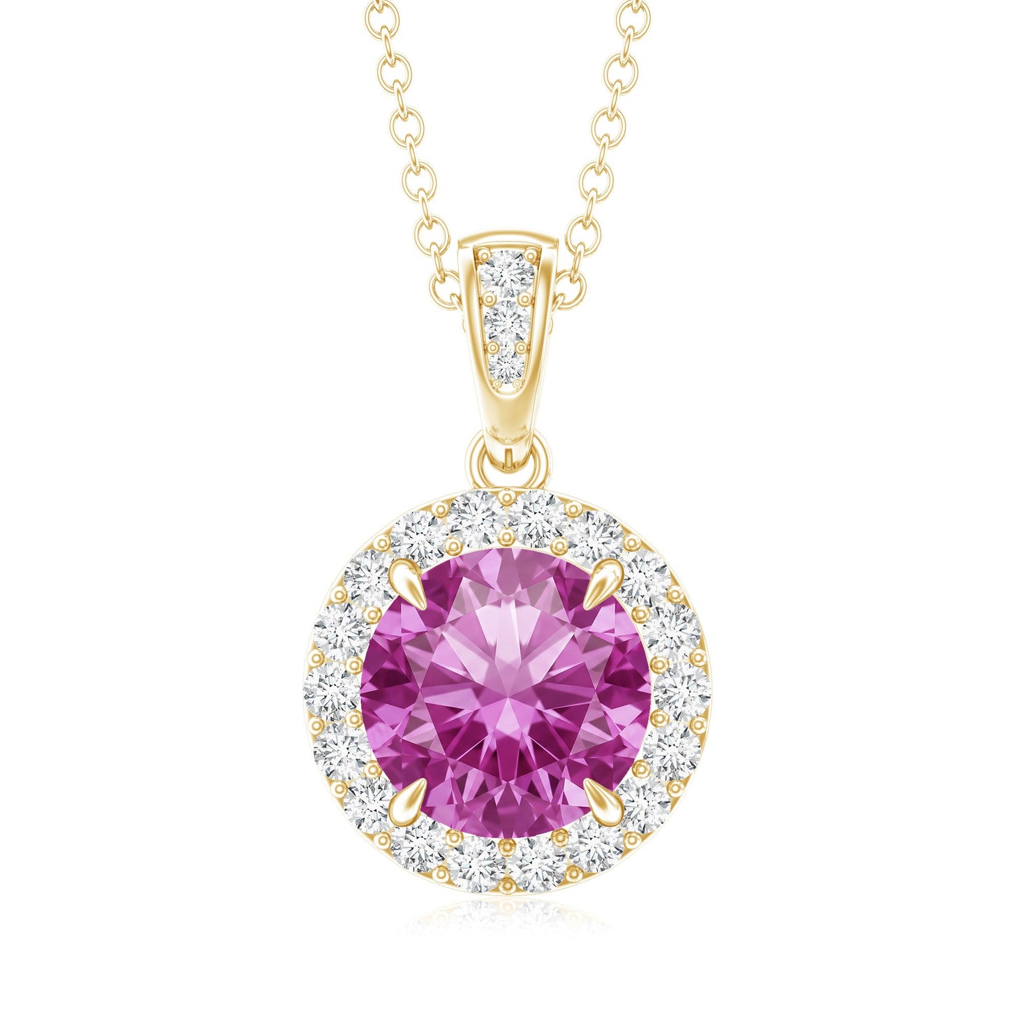2.2 Carat Round Cut Lab Created Pink Sapphire and Diamond Necklace with Certificate