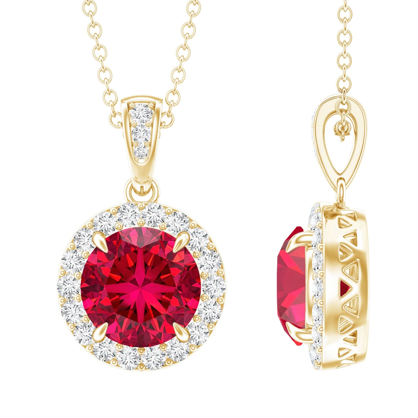 2.3 Carat Round Lab Created Ruby and Diamond Halo Pendant Necklace