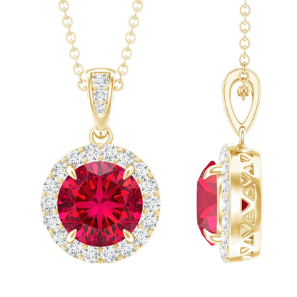 2.3 Carat Round Lab Created Ruby and Diamond Halo Pendant Necklace