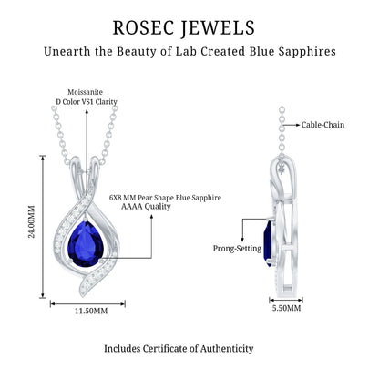 Certified Lab Created Blue Sapphire Teardrop Necklace with Moissanite