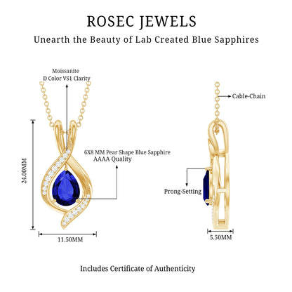 Certified Lab Created Blue Sapphire Teardrop Necklace with Moissanite