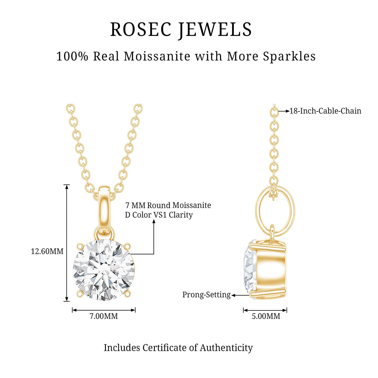 1.36 Carat Round Moissanite Solitaire Pendant Necklace in Prong Setting
