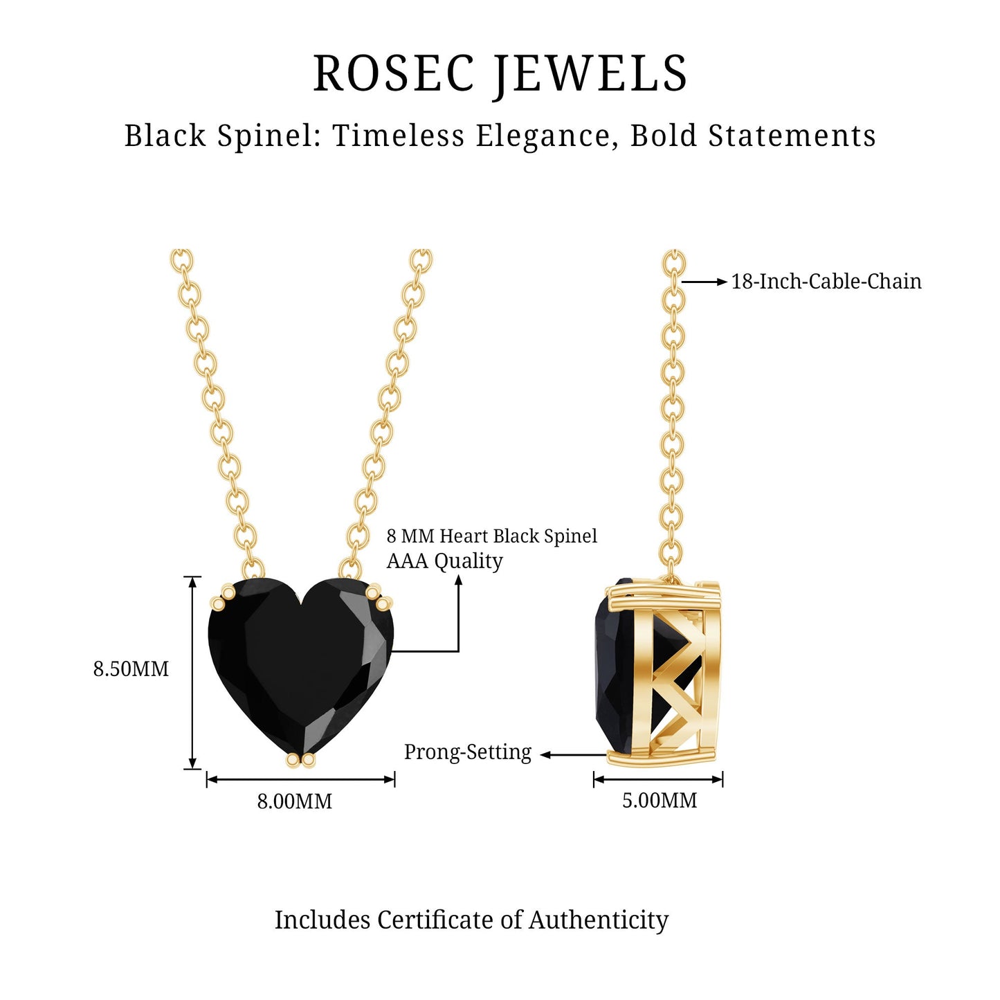 2 Carat Heart Shape Black Spinel Solitaire Necklace in Double Prong Setting