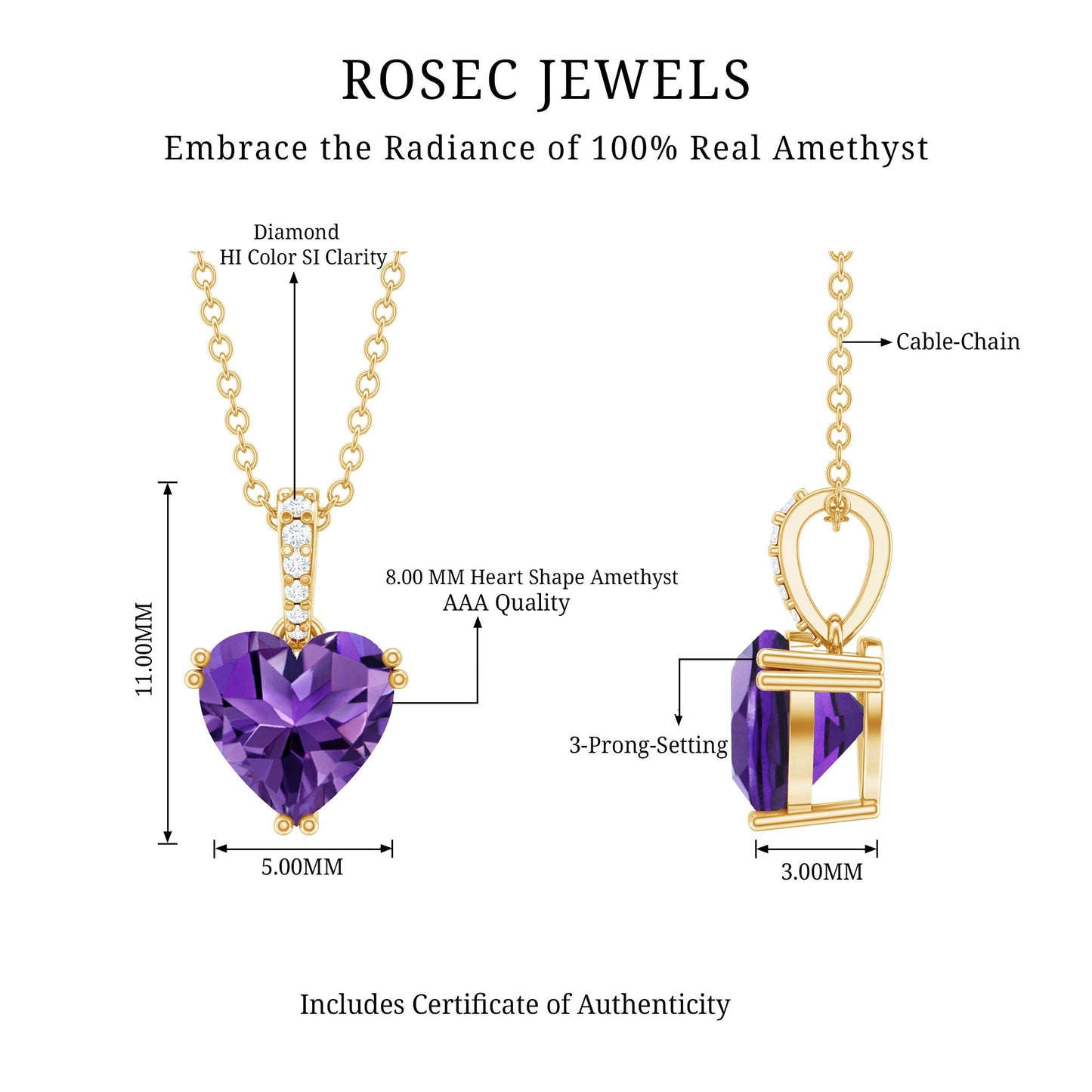 Certified Solitaire Amethyst Heart Necklace with Diamond