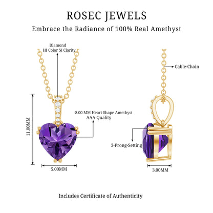 Certified Solitaire Amethyst Heart Necklace with Diamond