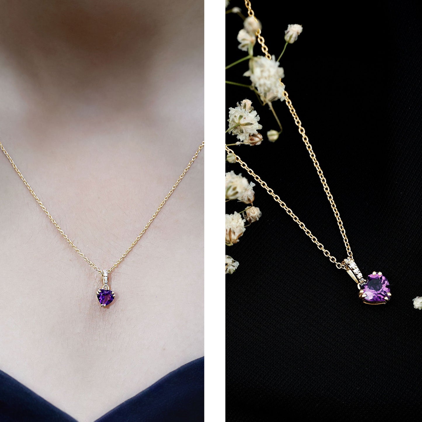 Certified Solitaire Amethyst Heart Necklace with Diamond