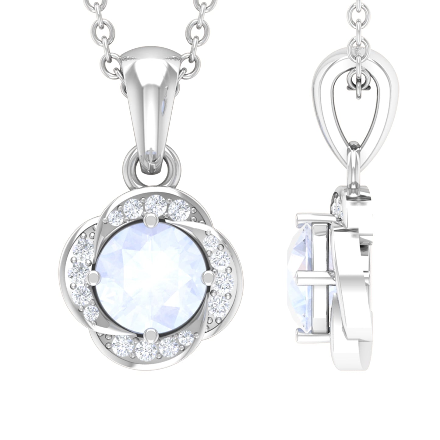 Moonstone and Diamond Flower Pendant Necklace