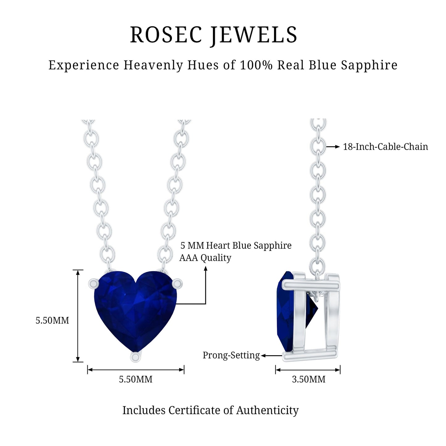 Heart Shape Blue Sapphire Solitaire Necklace for Women