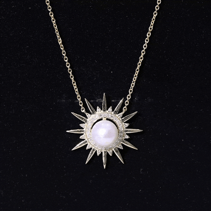 Natural Freshwater Pearl and Diamond Sunburst Pendant Necklace