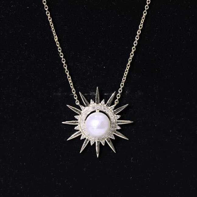 Natural Freshwater Pearl and Diamond Sunburst Pendant Necklace