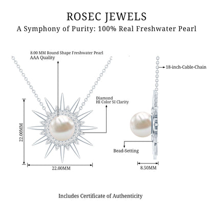 Natural Freshwater Pearl and Diamond Sunburst Pendant Necklace