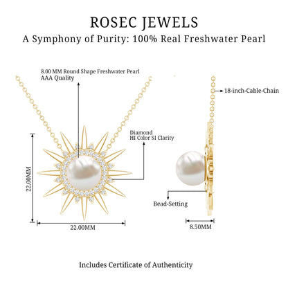 Natural Freshwater Pearl and Diamond Sunburst Pendant Necklace
