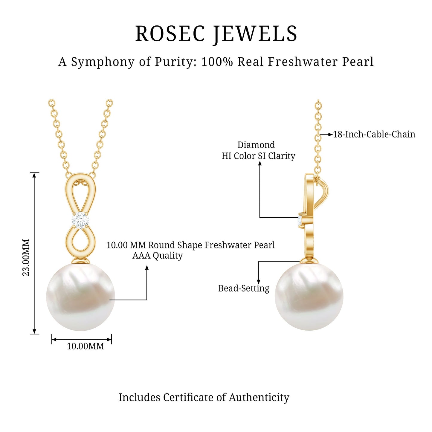 8 Carat Round Freshwater Pearl Drop Infinity Pendant with Diamond