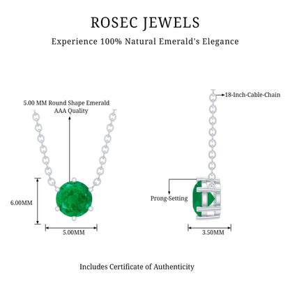 5MM Round Cut Solitaire Emerald Necklace in 6 Prong Setting