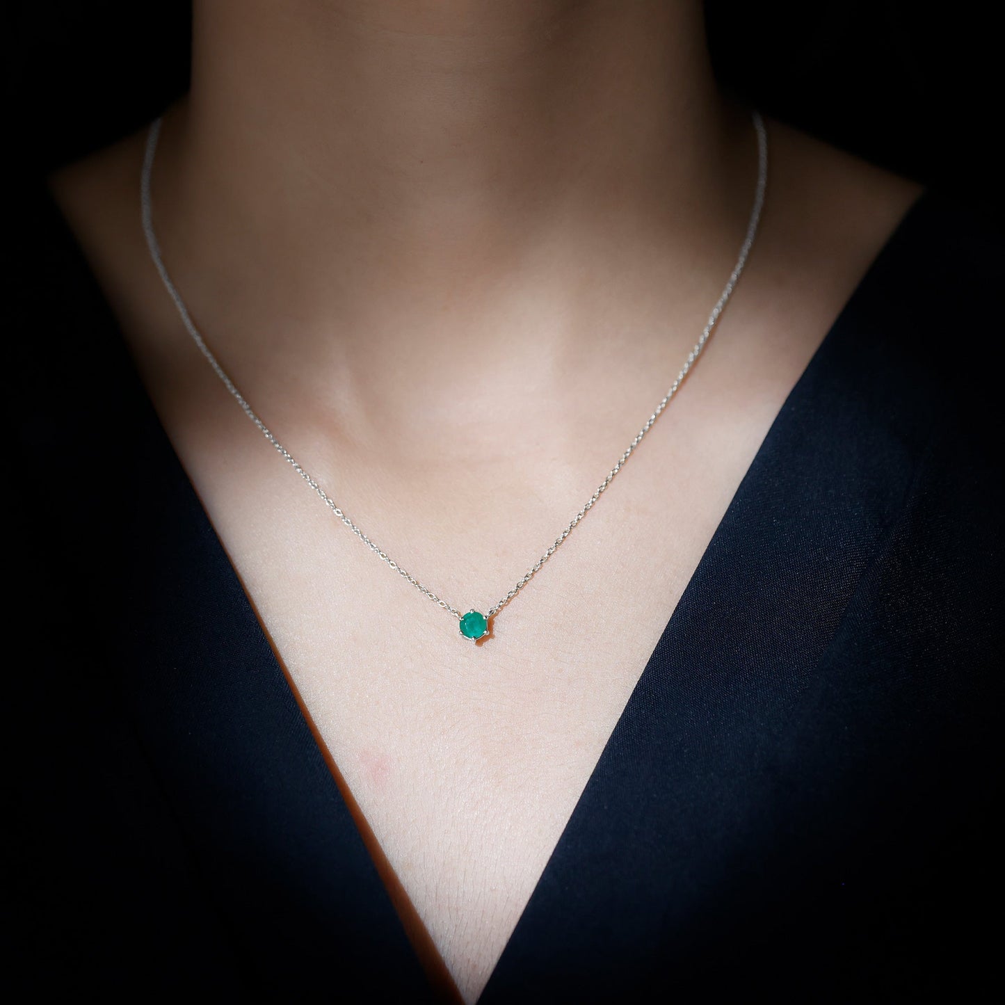 5MM Round Cut Solitaire Emerald Necklace in 6 Prong Setting