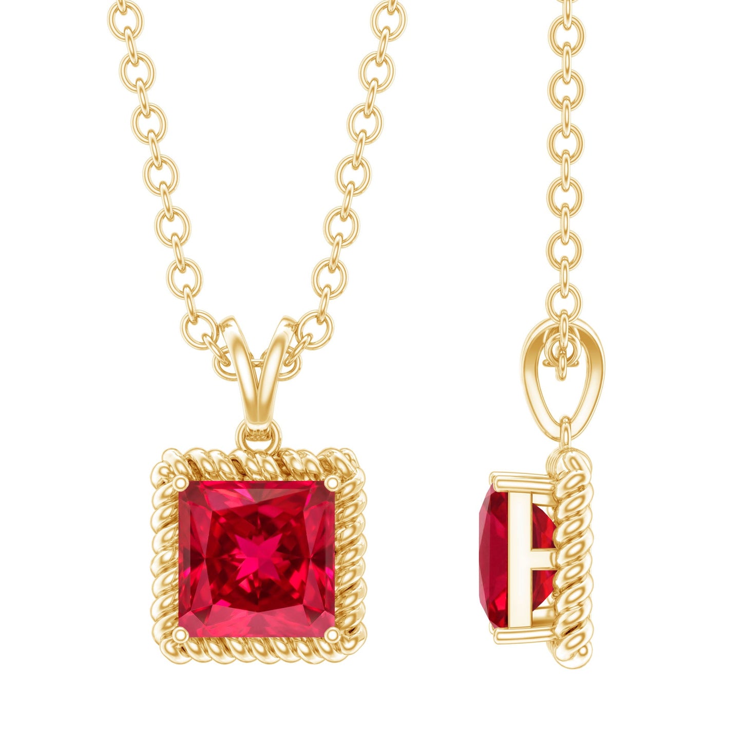 Princess Cut Lab Created Ruby Solitaire Pendant with Rope Frame