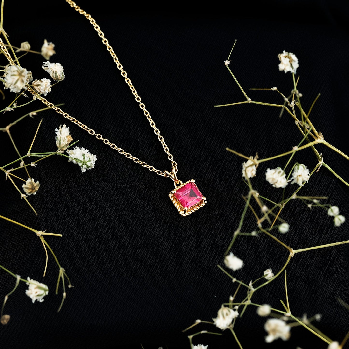Princess Cut Lab Created Ruby Solitaire Pendant with Rope Frame