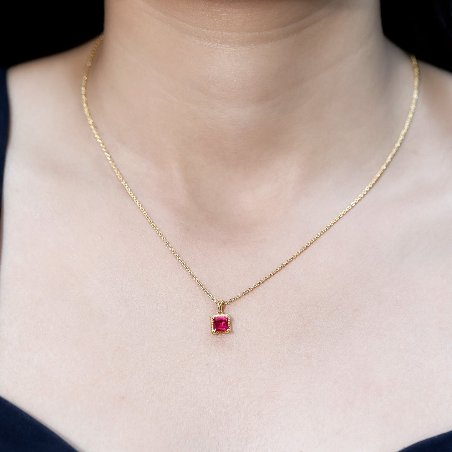 Princess Cut Lab Created Ruby Solitaire Pendant with Rope Frame