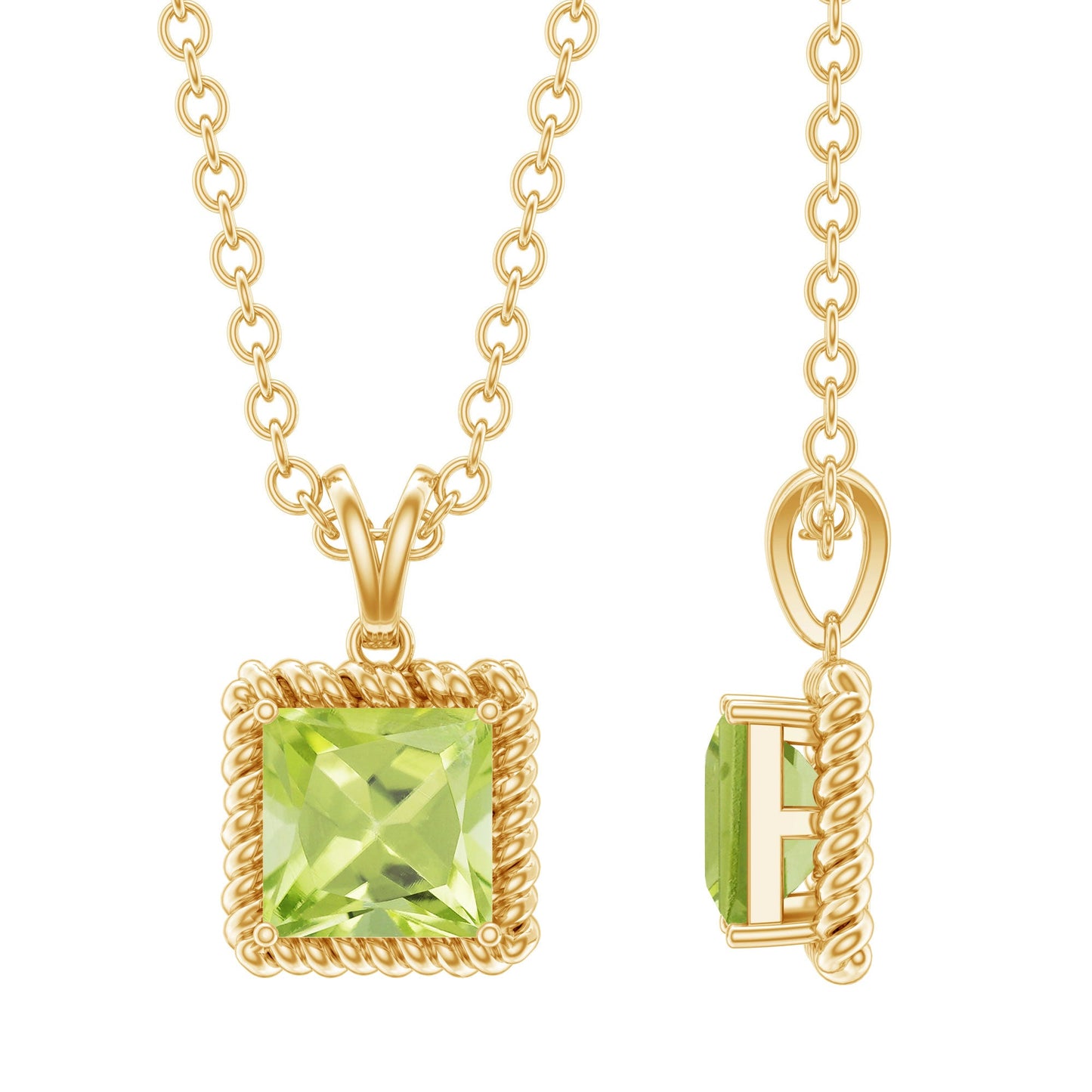 Genuine Princess Cut Peridot Pendant Necklace With Silver Chain