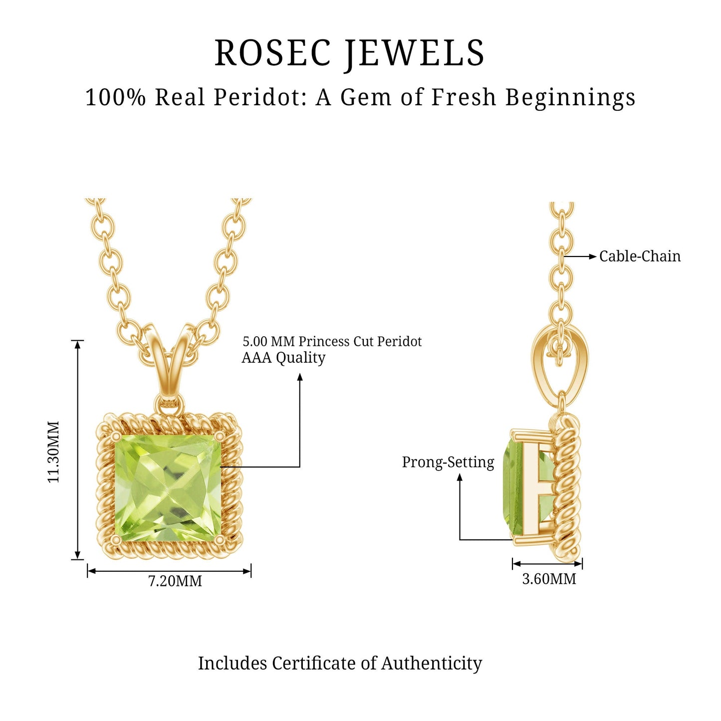 Genuine Princess Cut Peridot Pendant Necklace With Silver Chain
