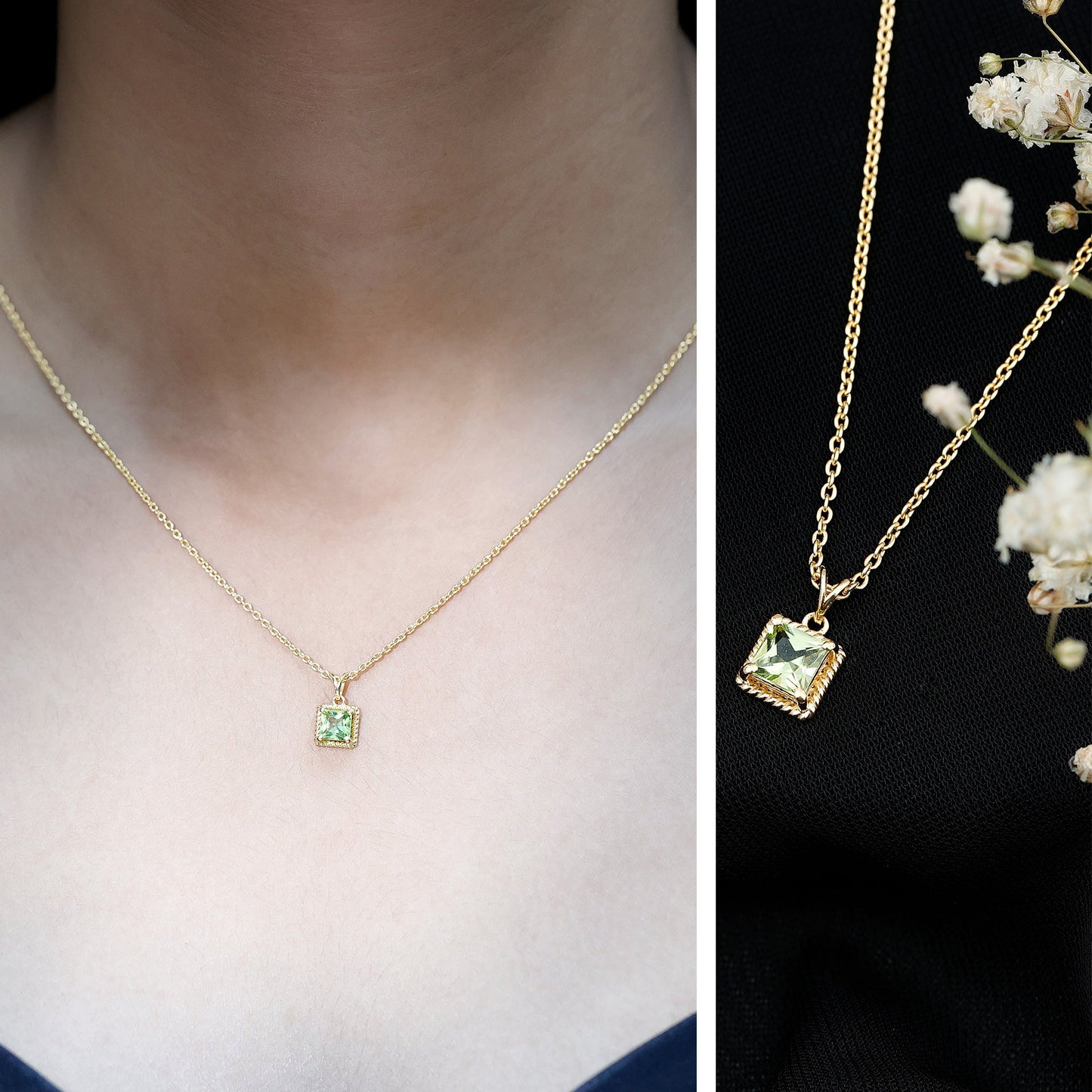 Genuine Princess Cut Peridot Pendant Necklace With Silver Chain