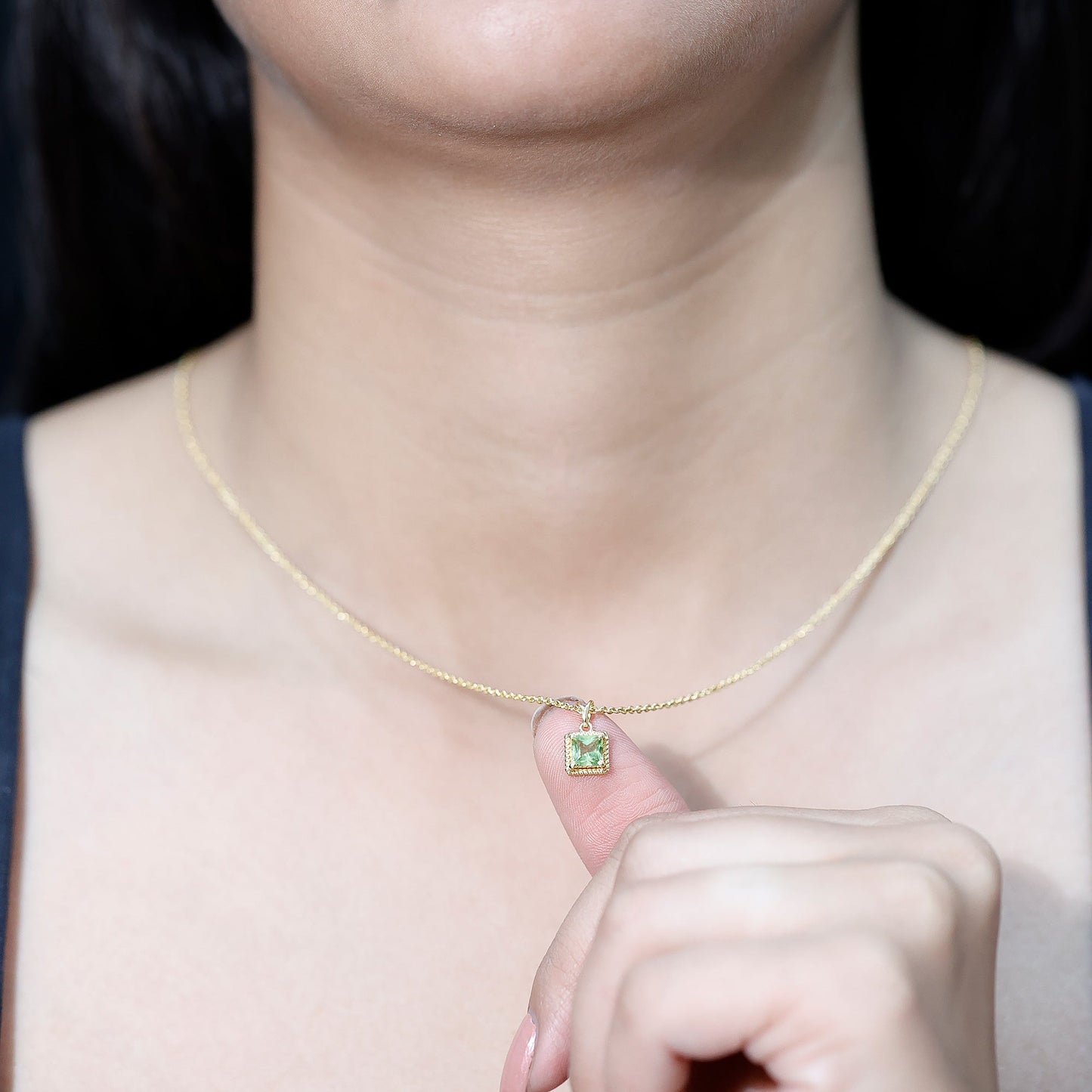 Genuine Princess Cut Peridot Pendant Necklace With Silver Chain