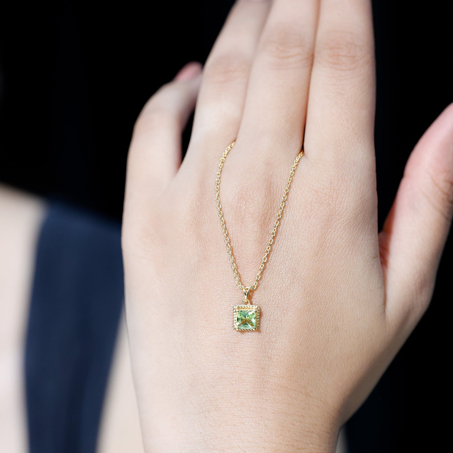 Genuine Princess Cut Peridot Pendant Necklace With Silver Chain