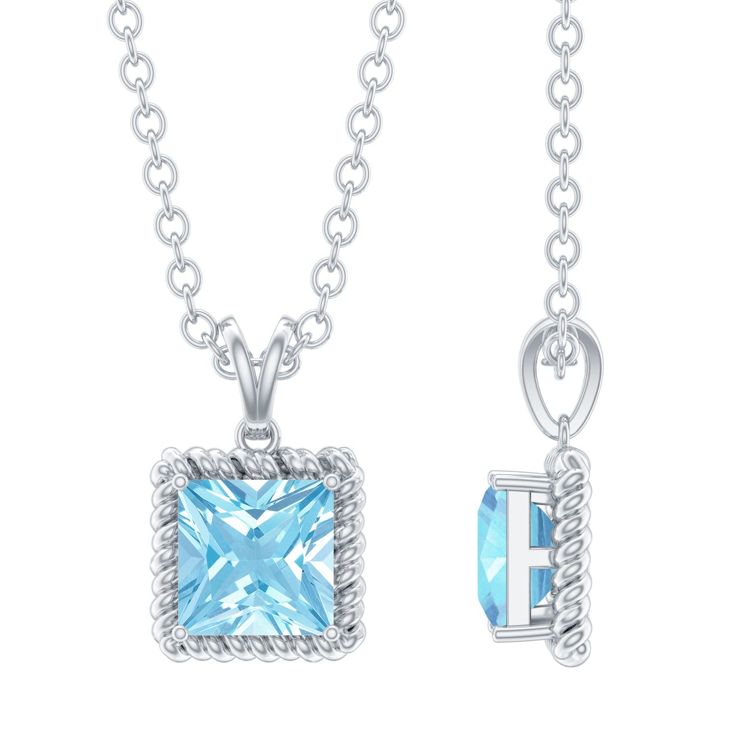 Natural Half Carat Aquamarine Princess Cut Necklace with Silver Chain