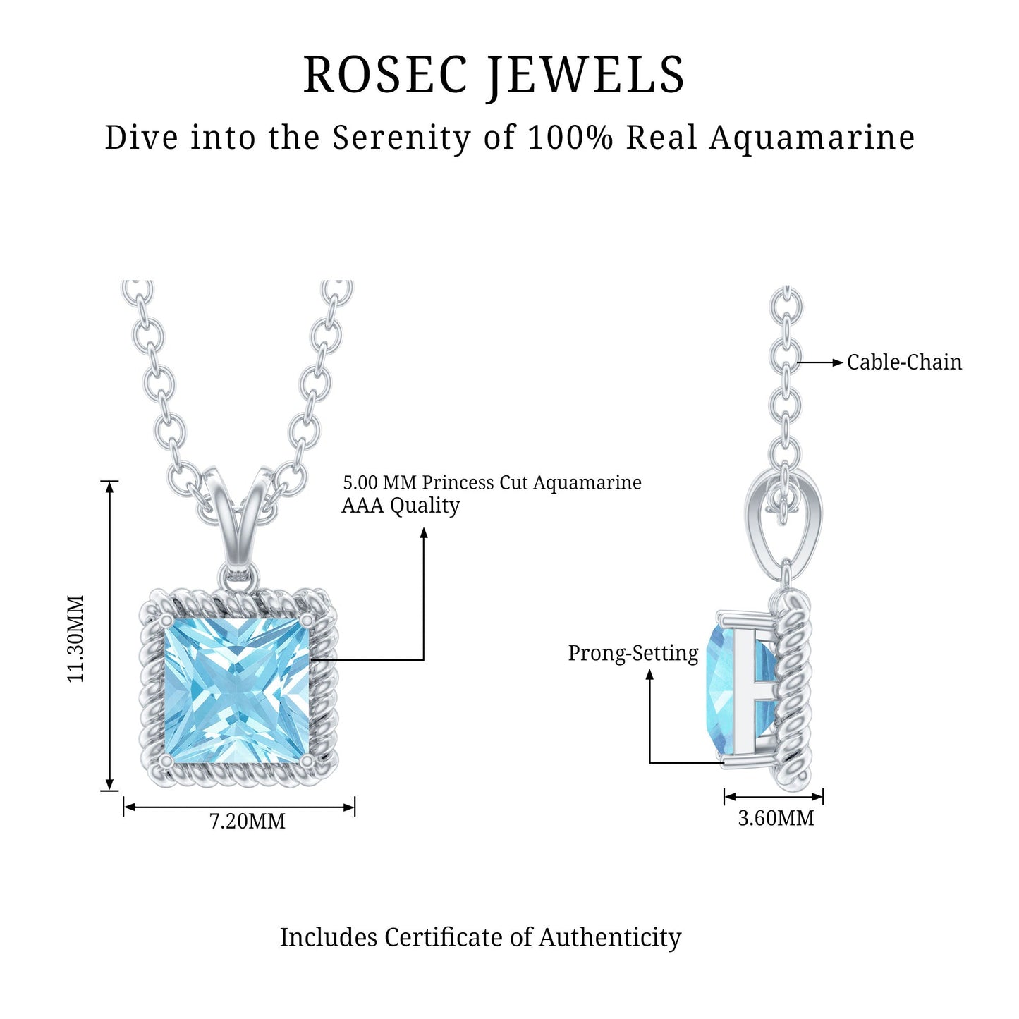 Natural Half Carat Aquamarine Princess Cut Necklace with Silver Chain
