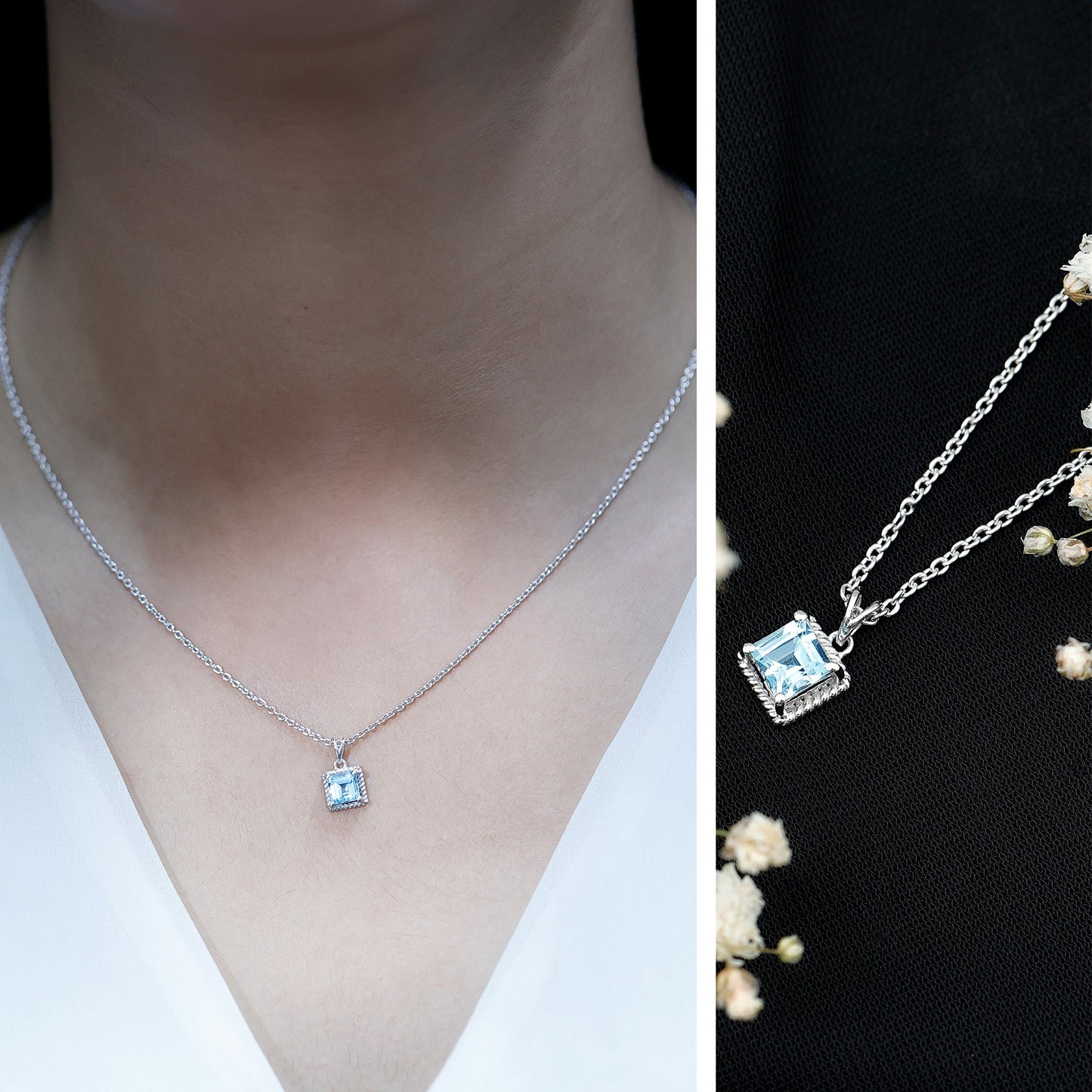 Natural Half Carat Aquamarine Princess Cut Necklace with Silver Chain
