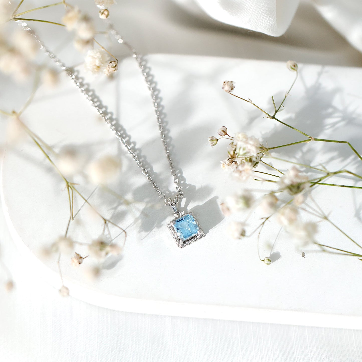 Natural Half Carat Aquamarine Princess Cut Necklace with Silver Chain