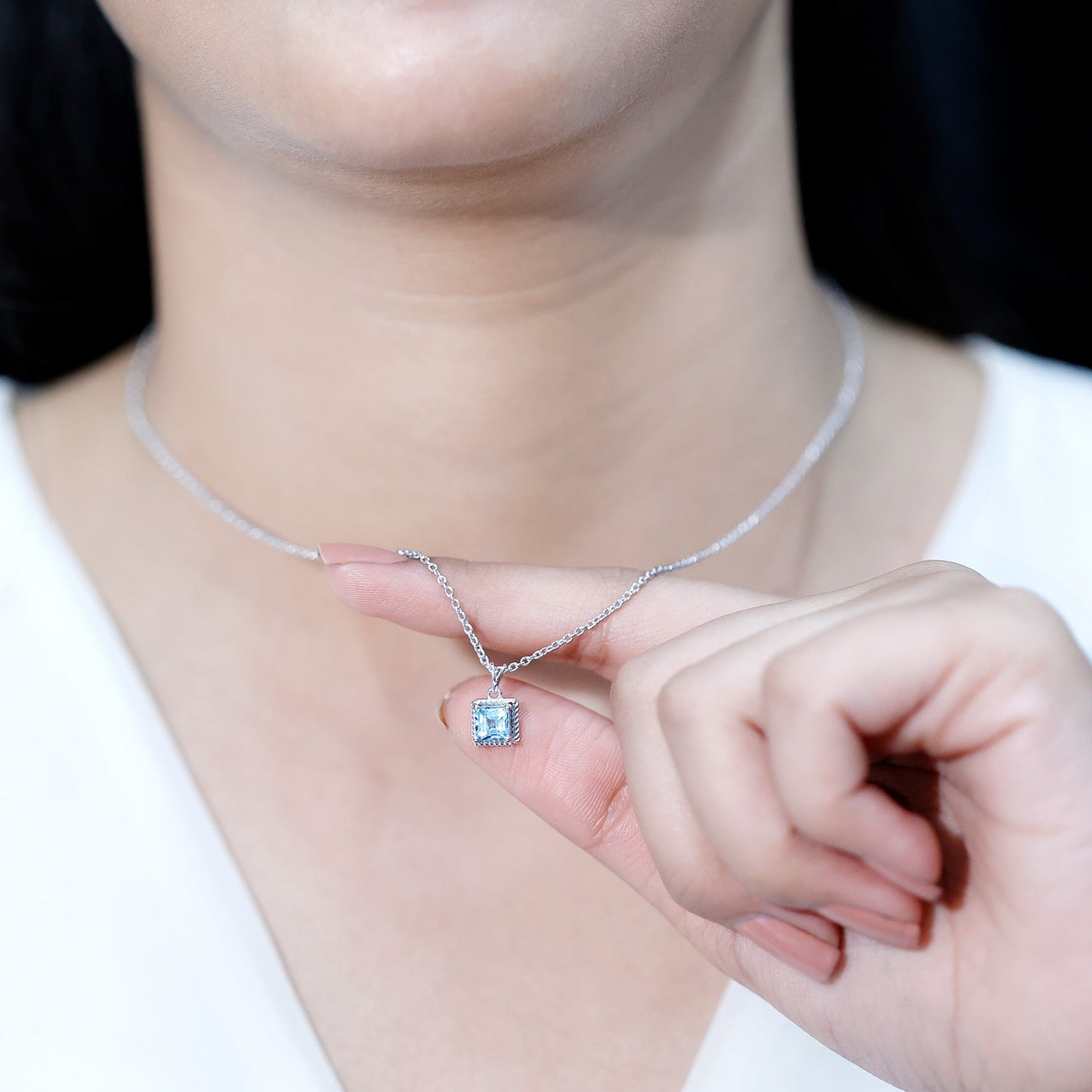 Natural Half Carat Aquamarine Princess Cut Necklace with Silver Chain