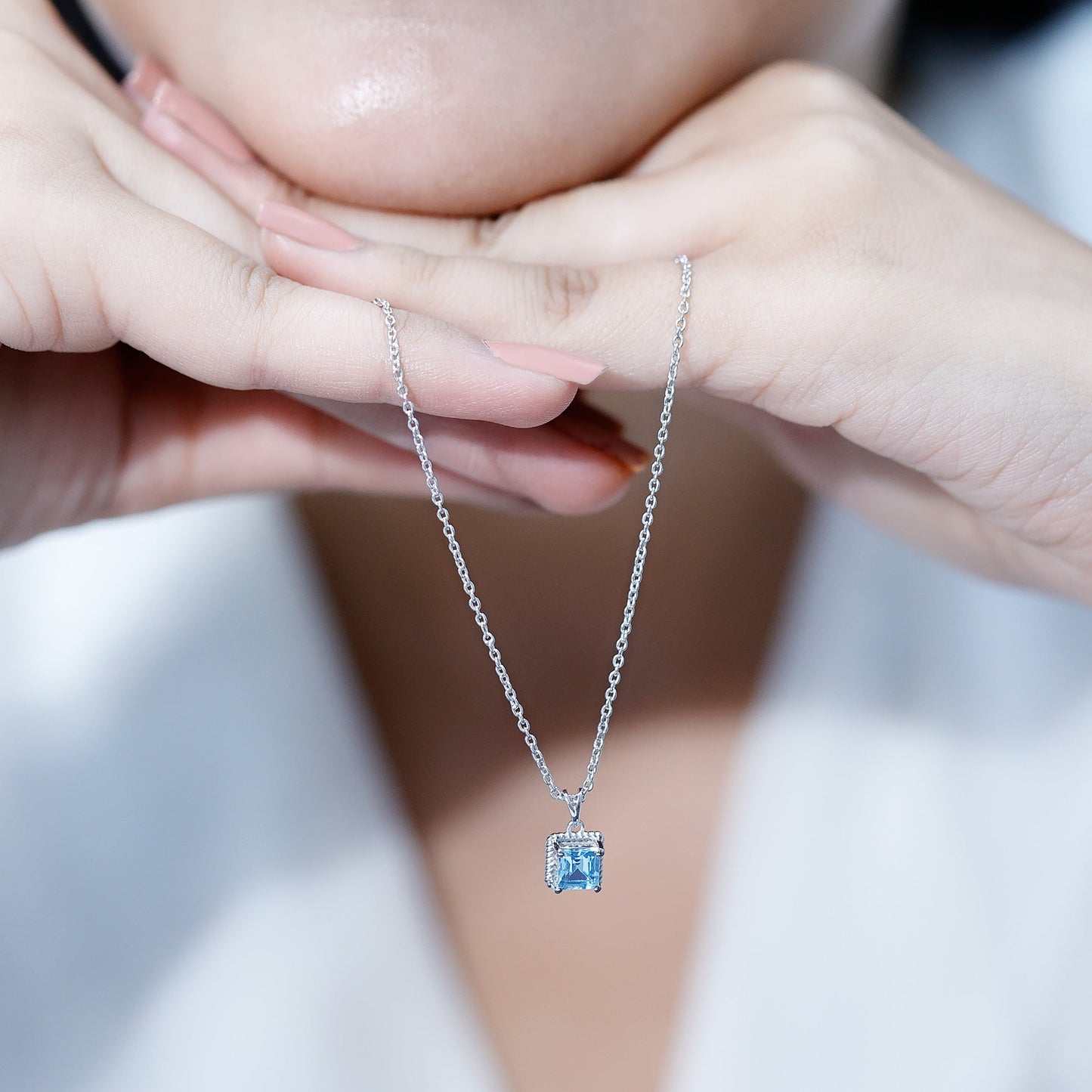 Natural Half Carat Aquamarine Princess Cut Necklace with Silver Chain