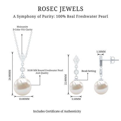 Freshwater Pearl Simple Dangle Drop Pendant and Earrings Set with Diamond