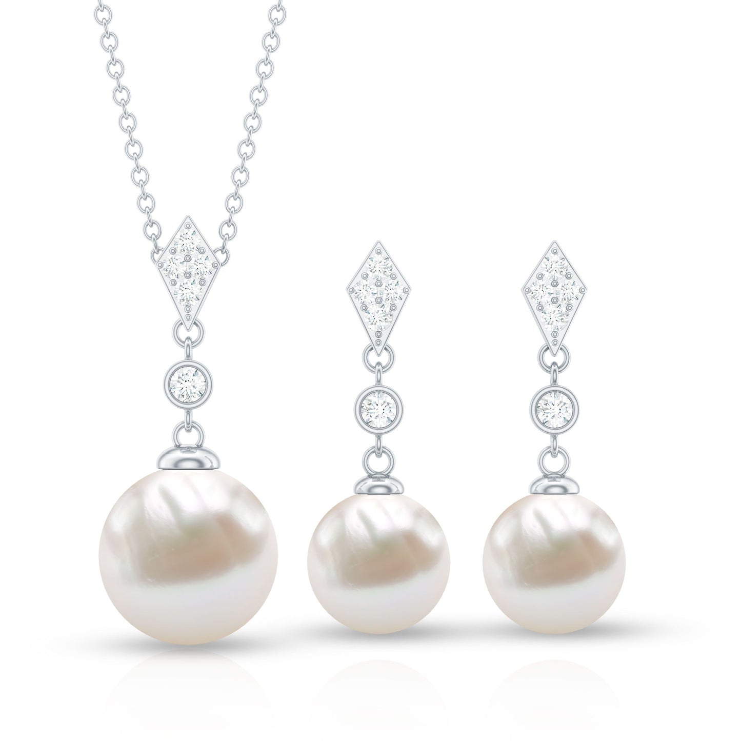 Freshwater Pearl Simple Dangle Drop Pendant and Earrings Set with Diamond