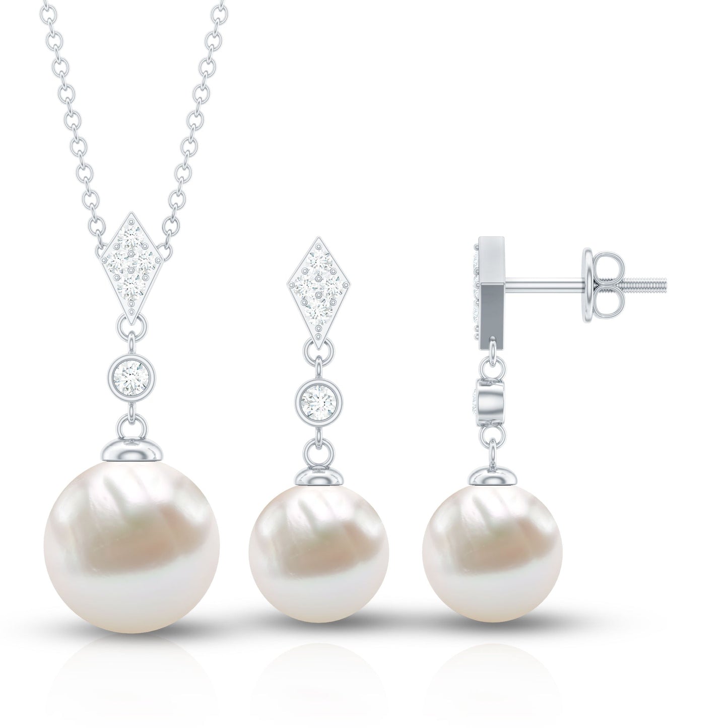 Freshwater Pearl Simple Dangle Drop Pendant and Earrings Set with Diamond