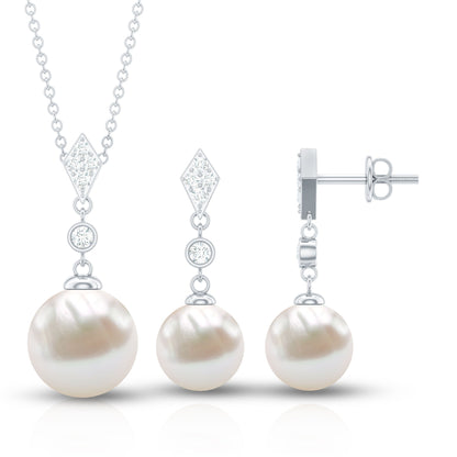 Freshwater Pearl Simple Dangle Drop Pendant and Earrings Set with Diamond