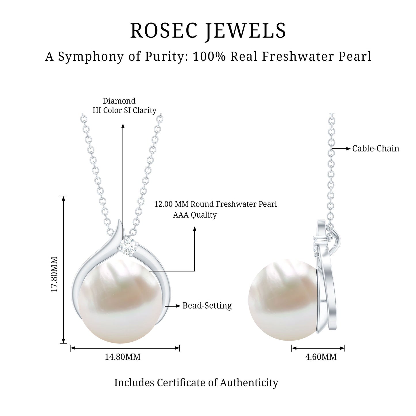 11 Carat White Pearl Solitaire Necklace with Diamond