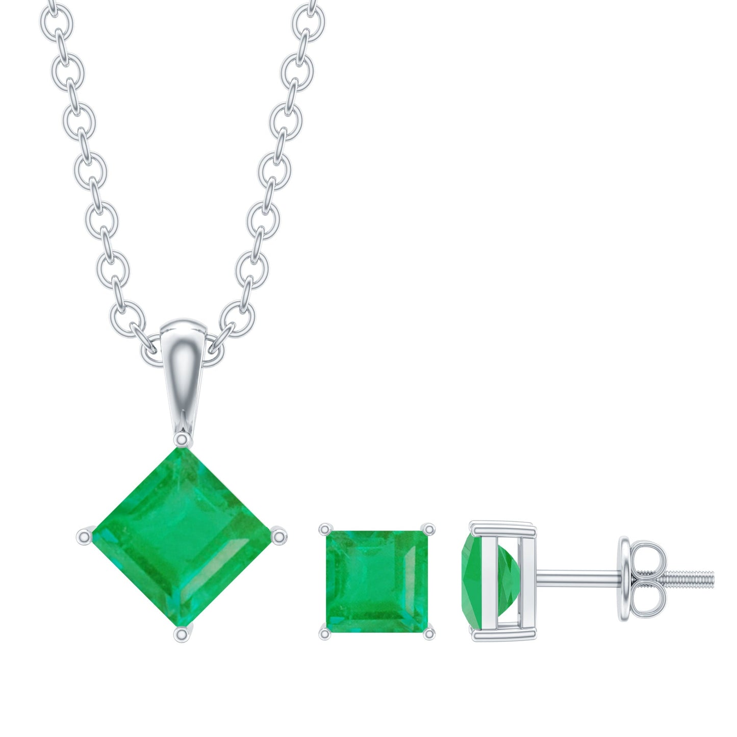 Natural Princess Cut Emerald Solitaire Jewelry Set
