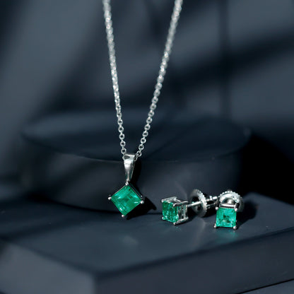 Natural Princess Cut Emerald Solitaire Jewelry Set