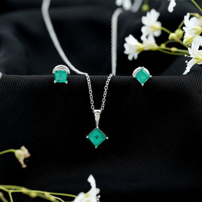 Natural Princess Cut Emerald Solitaire Jewelry Set