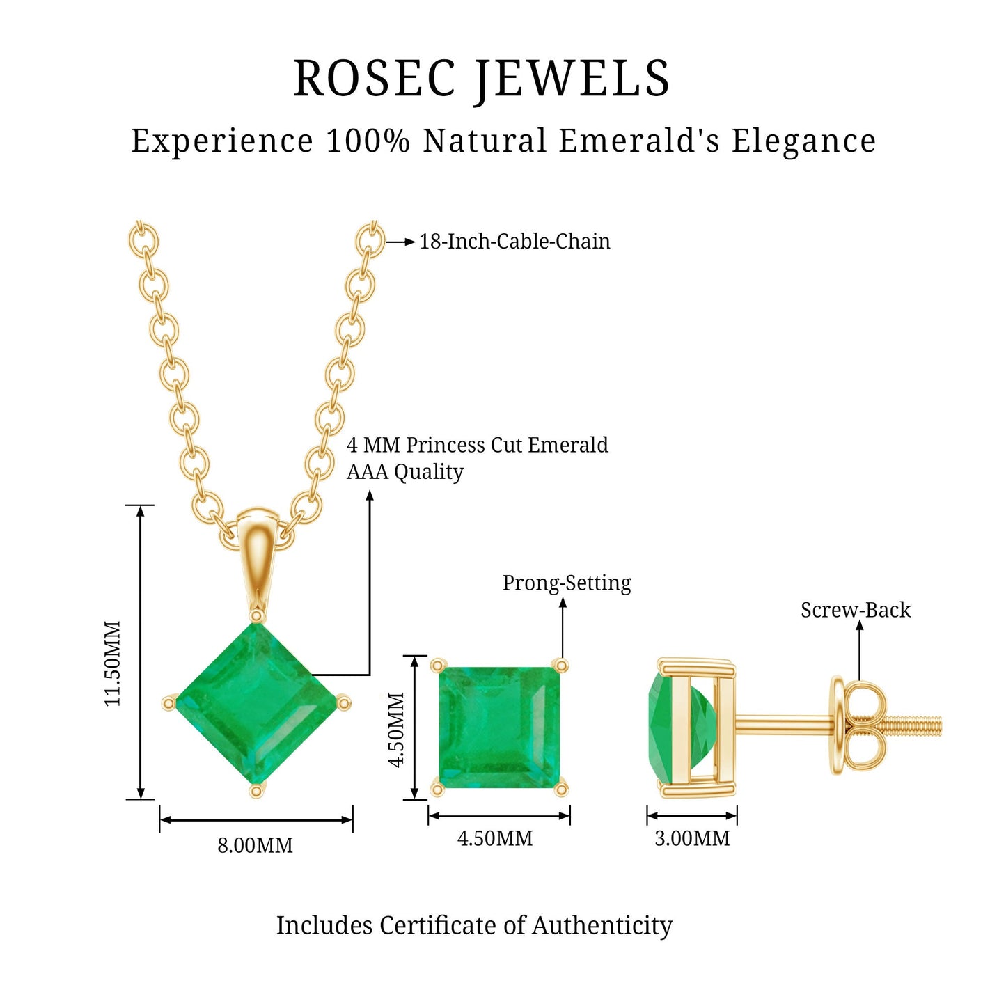 Natural Princess Cut Emerald Solitaire Jewelry Set
