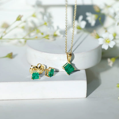 Natural Princess Cut Emerald Solitaire Jewelry Set