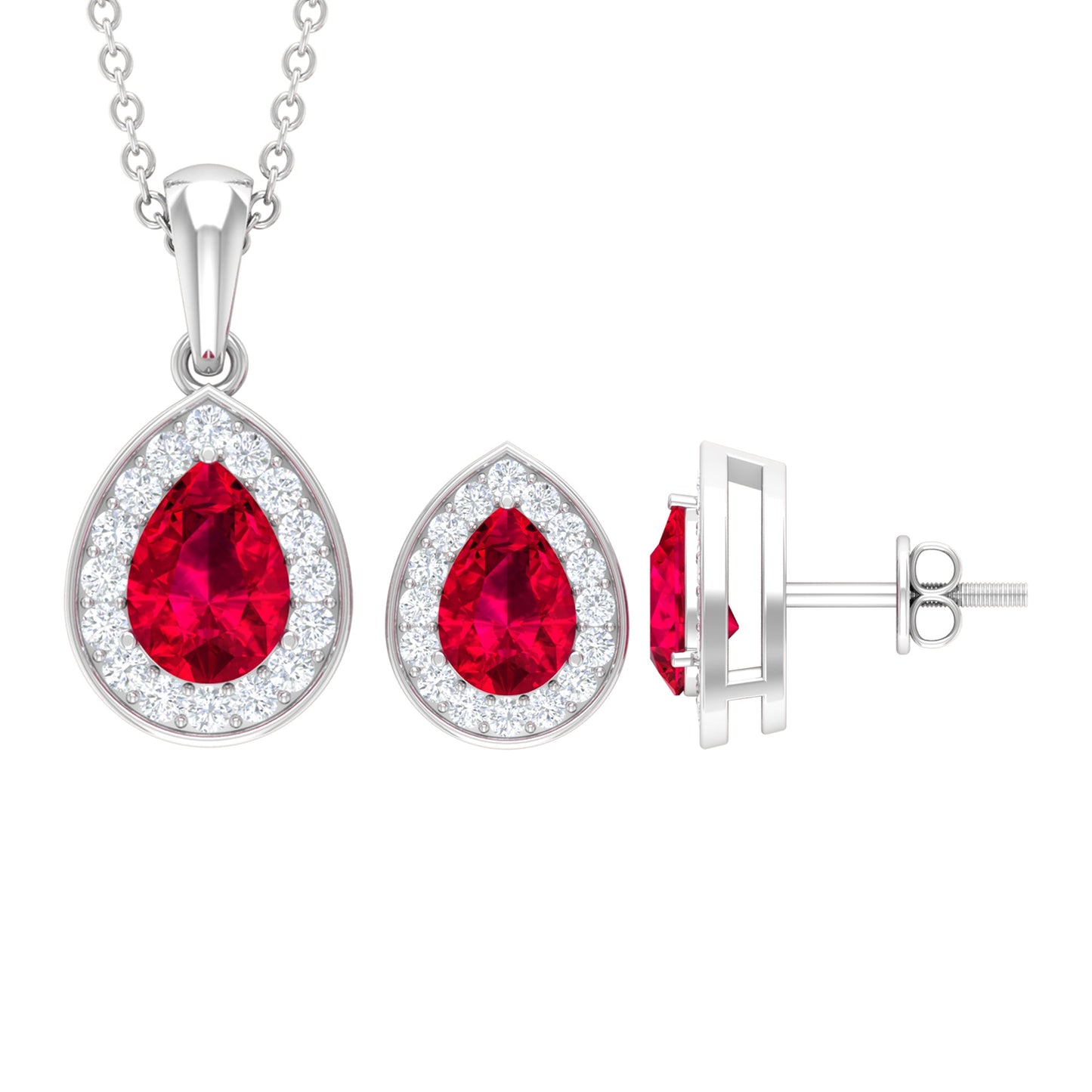 Lab Created Ruby Teardrop Jewelry Set with Moissanite Halo