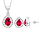 Lab Created Ruby Teardrop Jewelry Set with Moissanite Halo