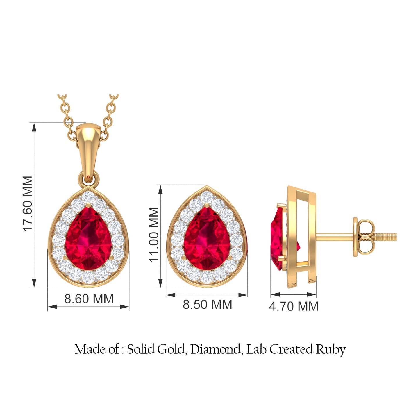Lab Created Ruby Teardrop Jewelry Set with Moissanite Halo