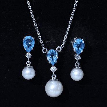 Swiss Blue Topaz and Diamond Jewelry Set with Freshwater Pearl Drop