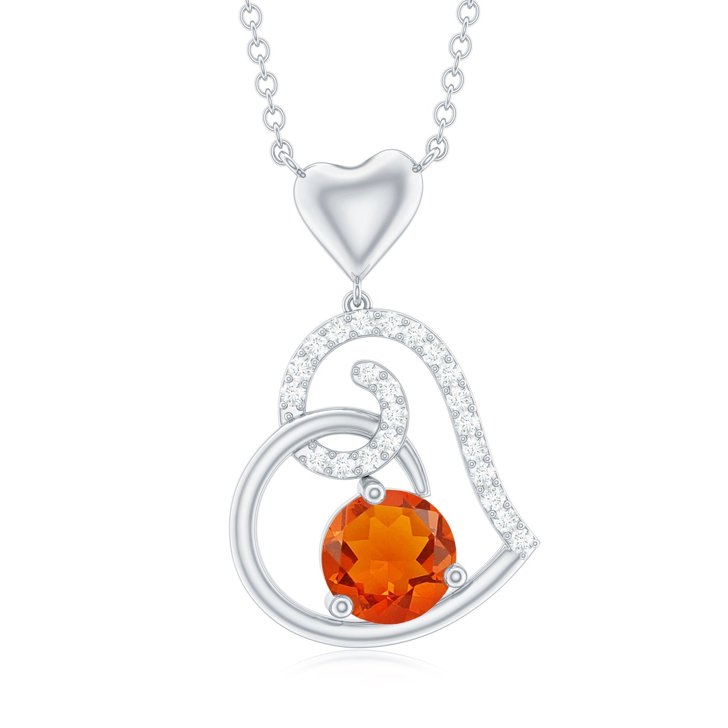 0.75 Carat Round Fire Opal and Diamond Heart Pendant Necklace