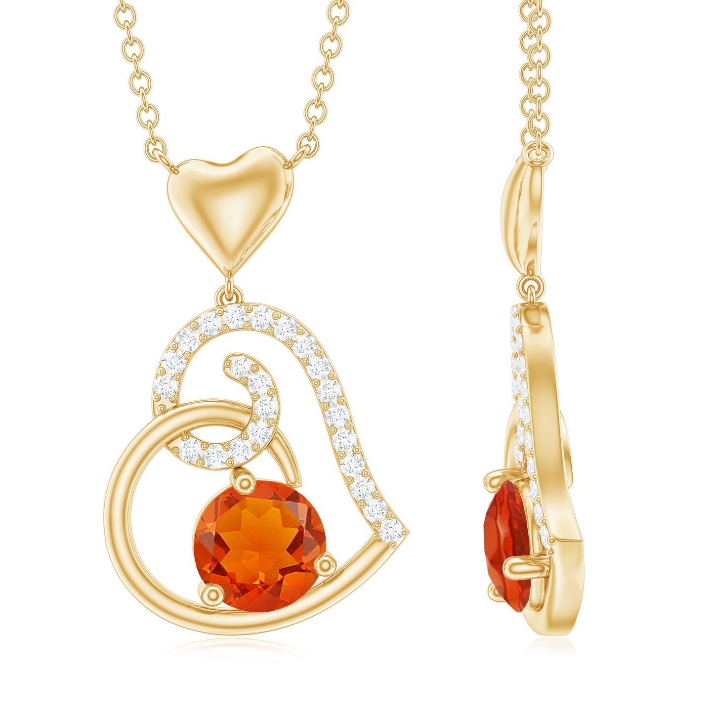 0.75 Carat Round Fire Opal and Diamond Heart Pendant Necklace